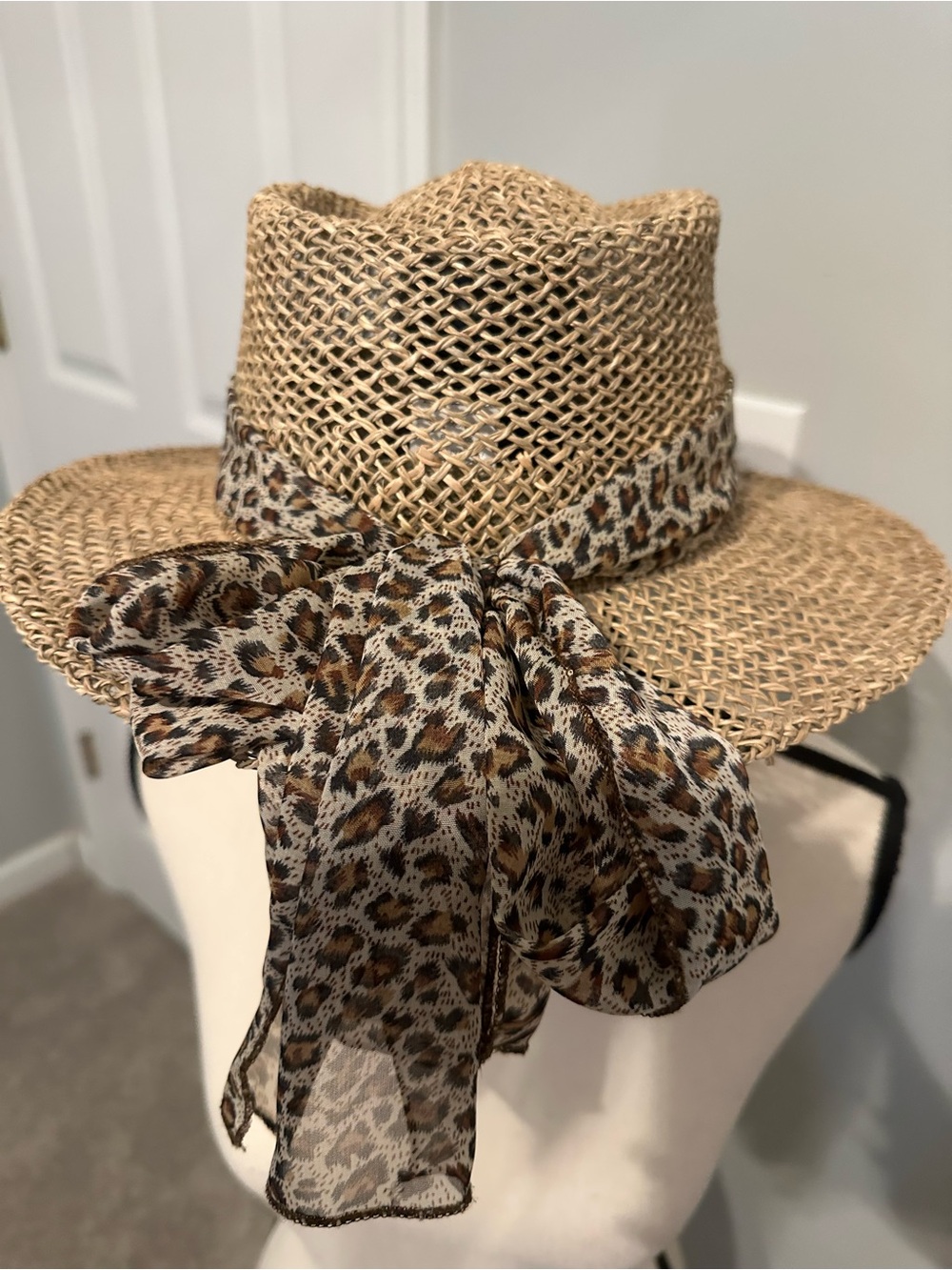 Scala Woven Straw Hat with Leopard Scarf - Natural & Brown